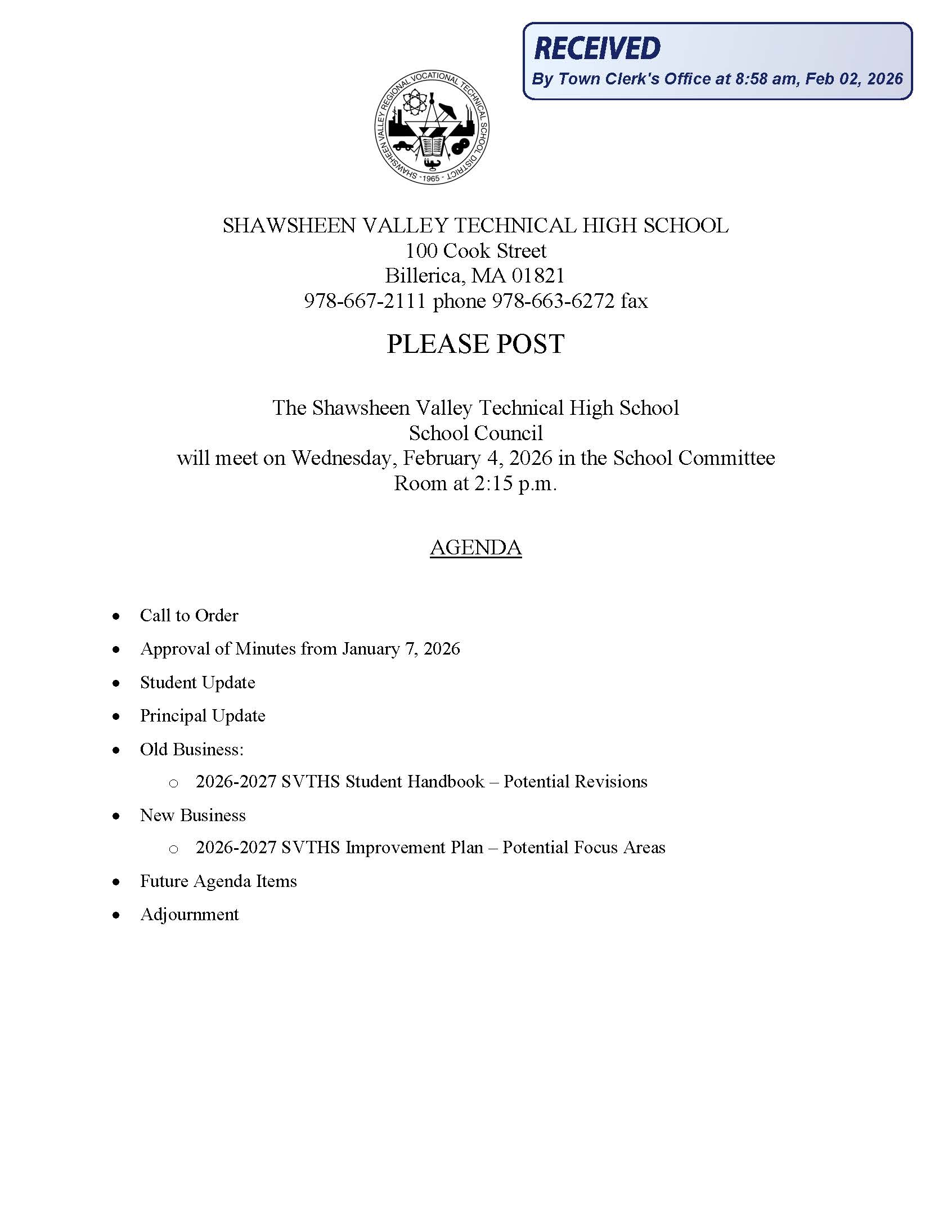 Shawsheen School Council 2-4-26